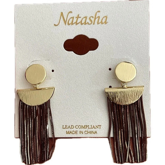 Natasha Gold-Tone Brown Metallic Textured Fringe Drop Post Earrings - Picture 2 of 3